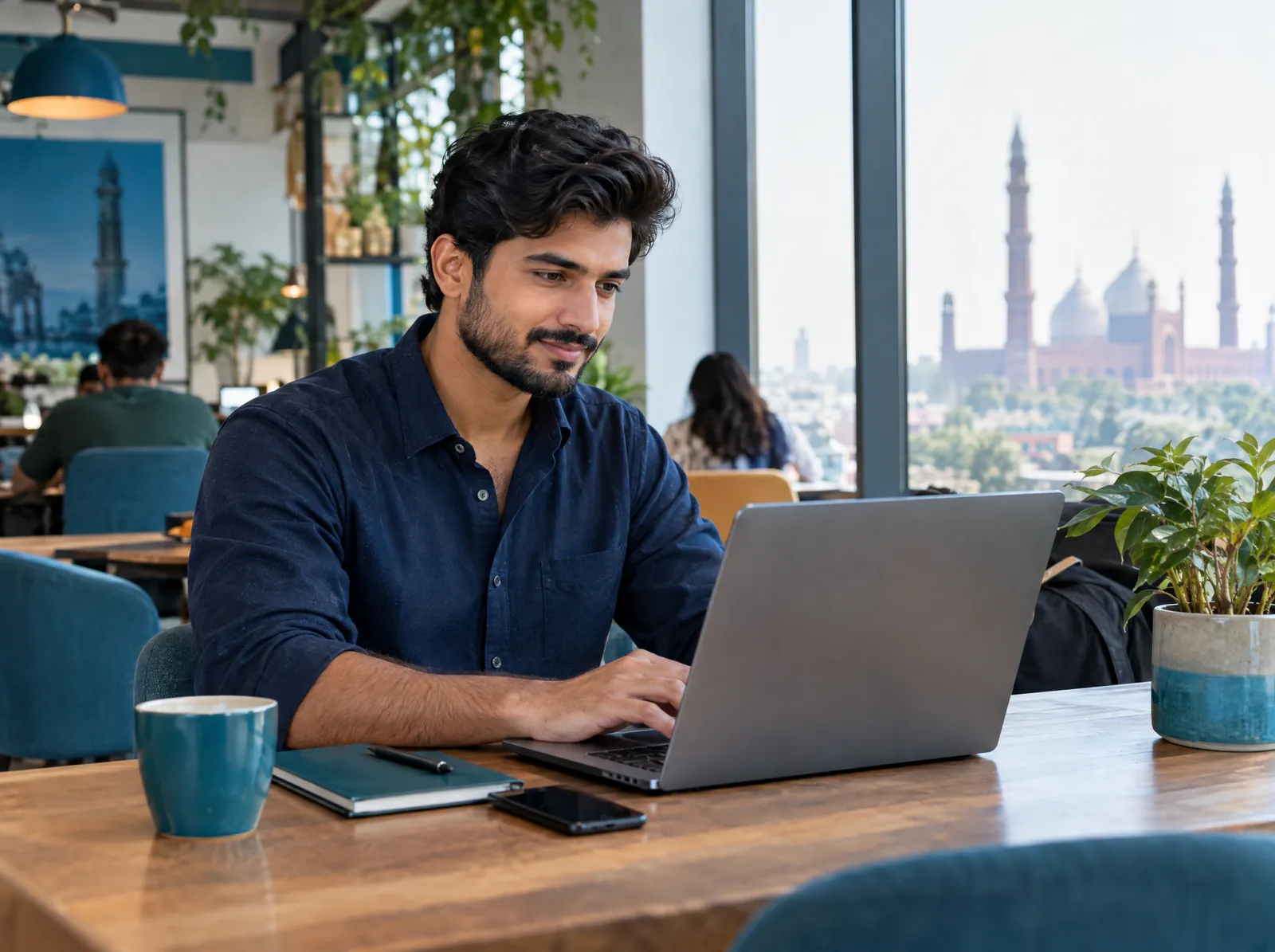 Young professional updating his portfolio on a laptop in a co-working space
