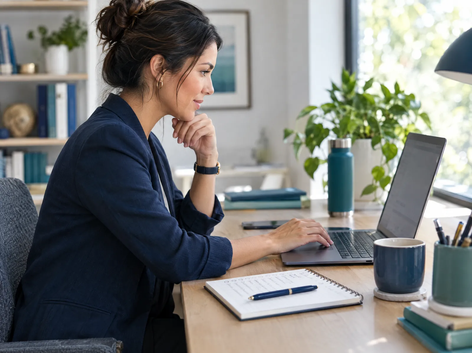 Business owner filling in a hiring request on a laptop with role requirements noted