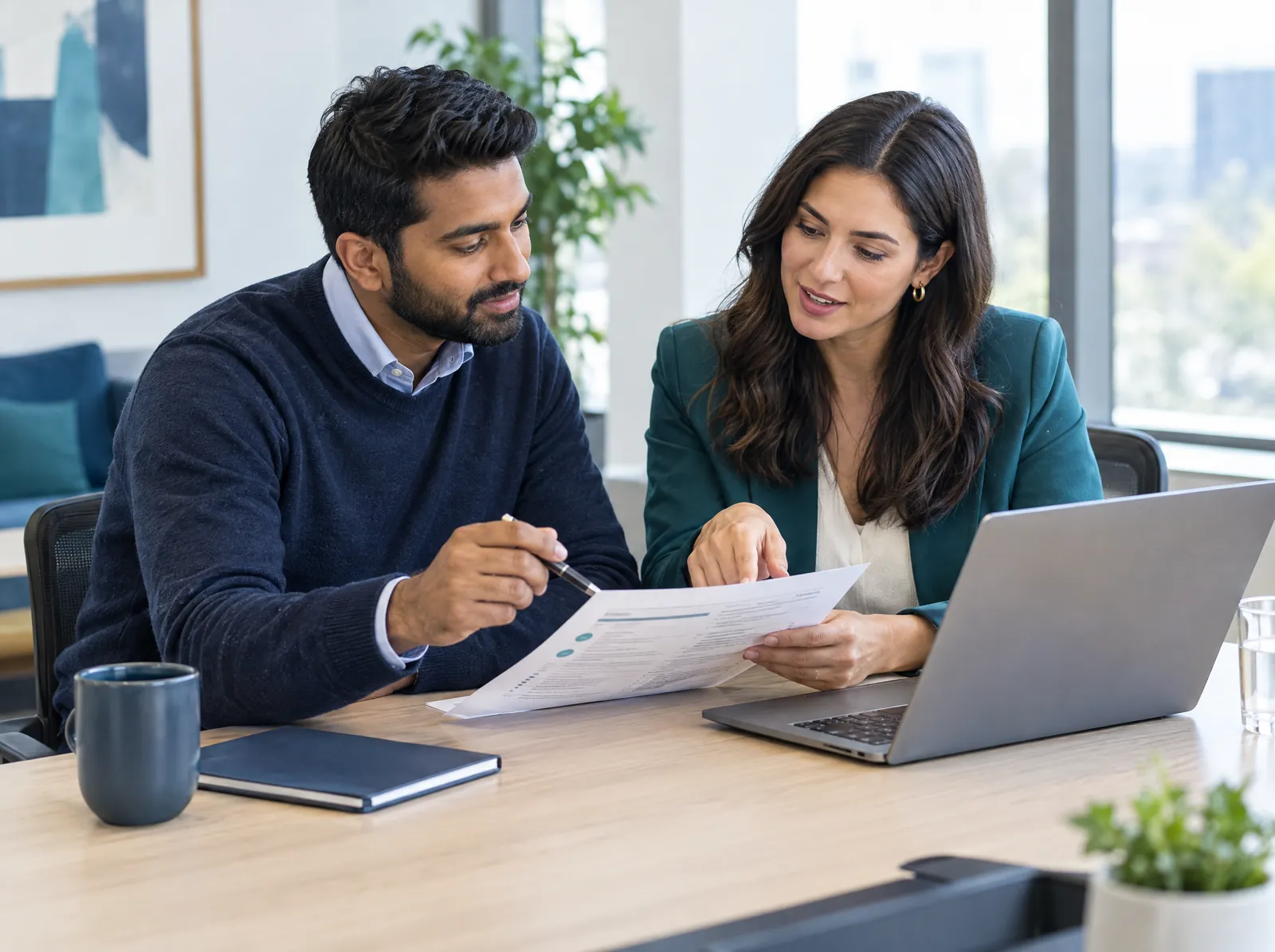 Hiring manager and recruiter reviewing a role brief together in a meeting room