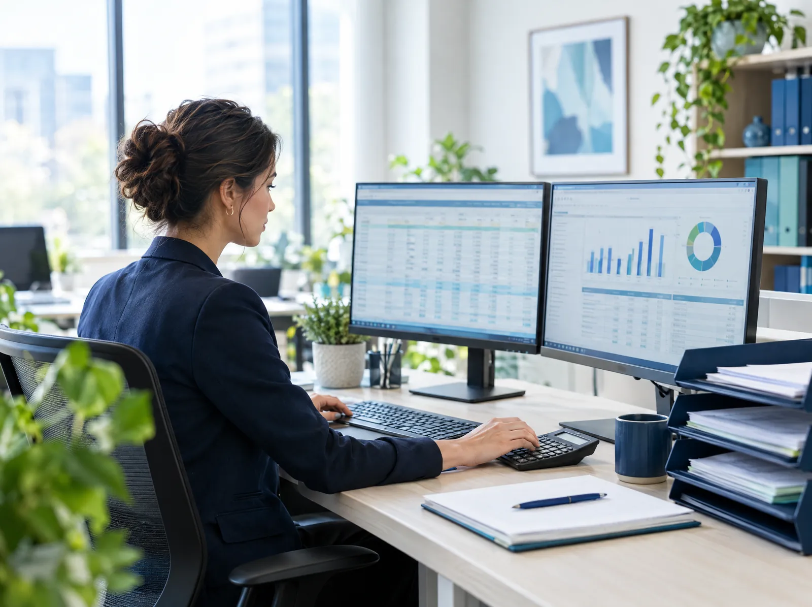Accountant reviewing spreadsheets on two monitors with a calculator and document trays