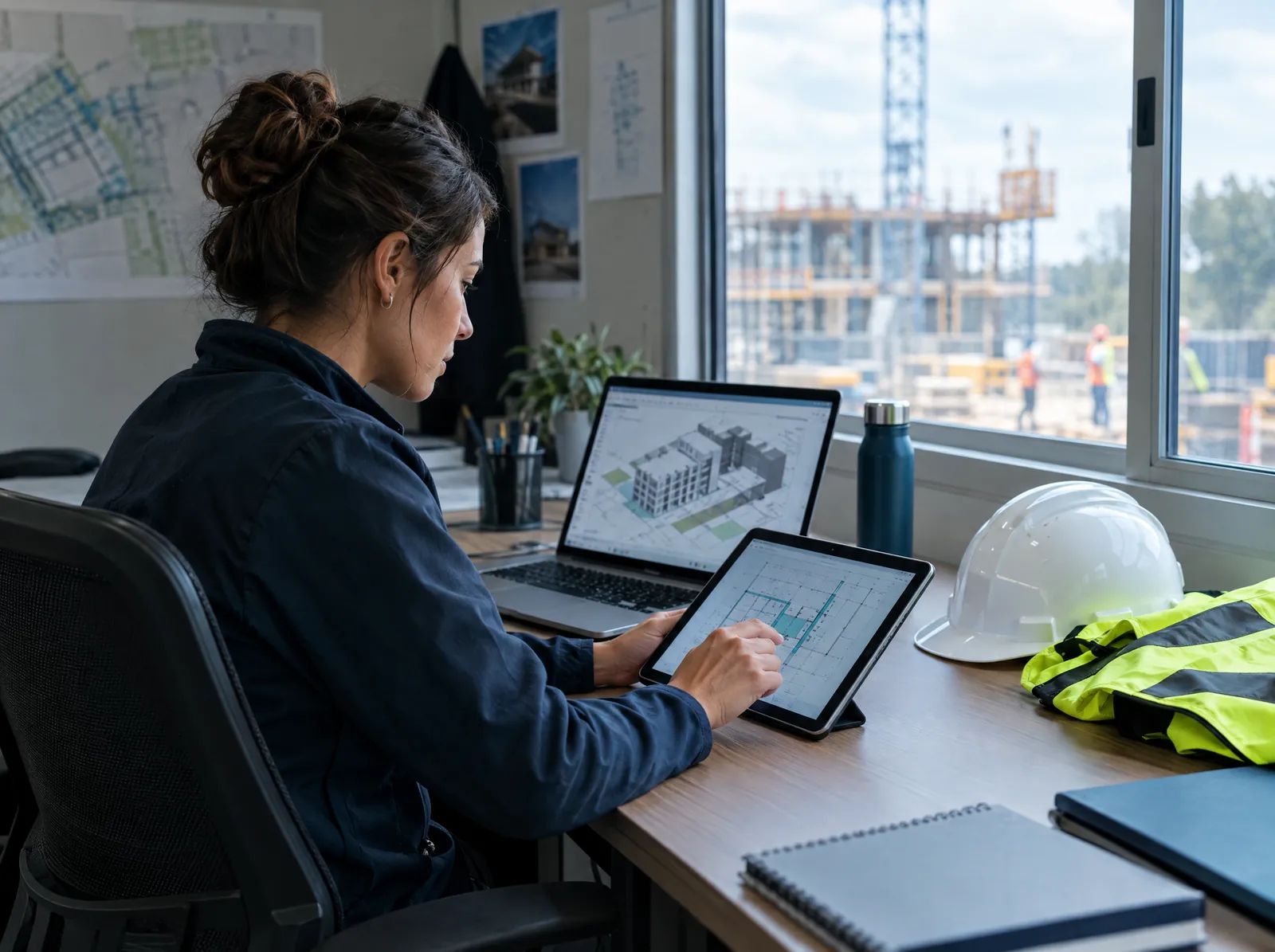 Construction project coordinator reviewing building plans in a site office