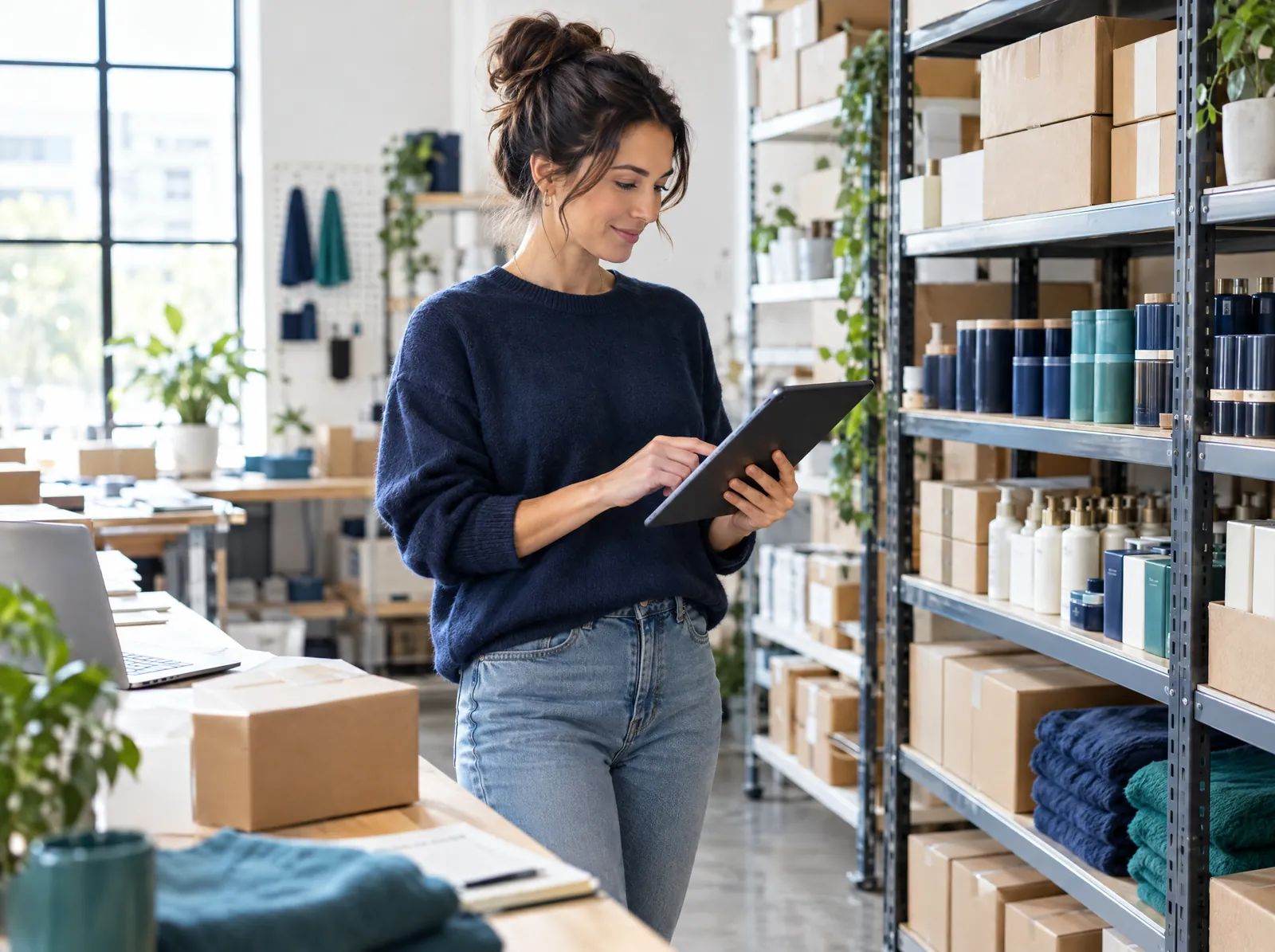 Ecommerce brand owner checking inventory on a tablet beside shelves of packed boxes