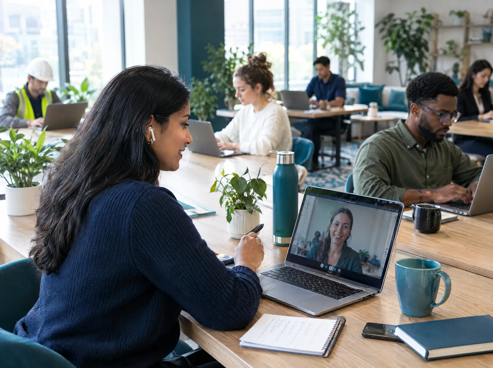 Professionals from different industries working in a bright co-working space