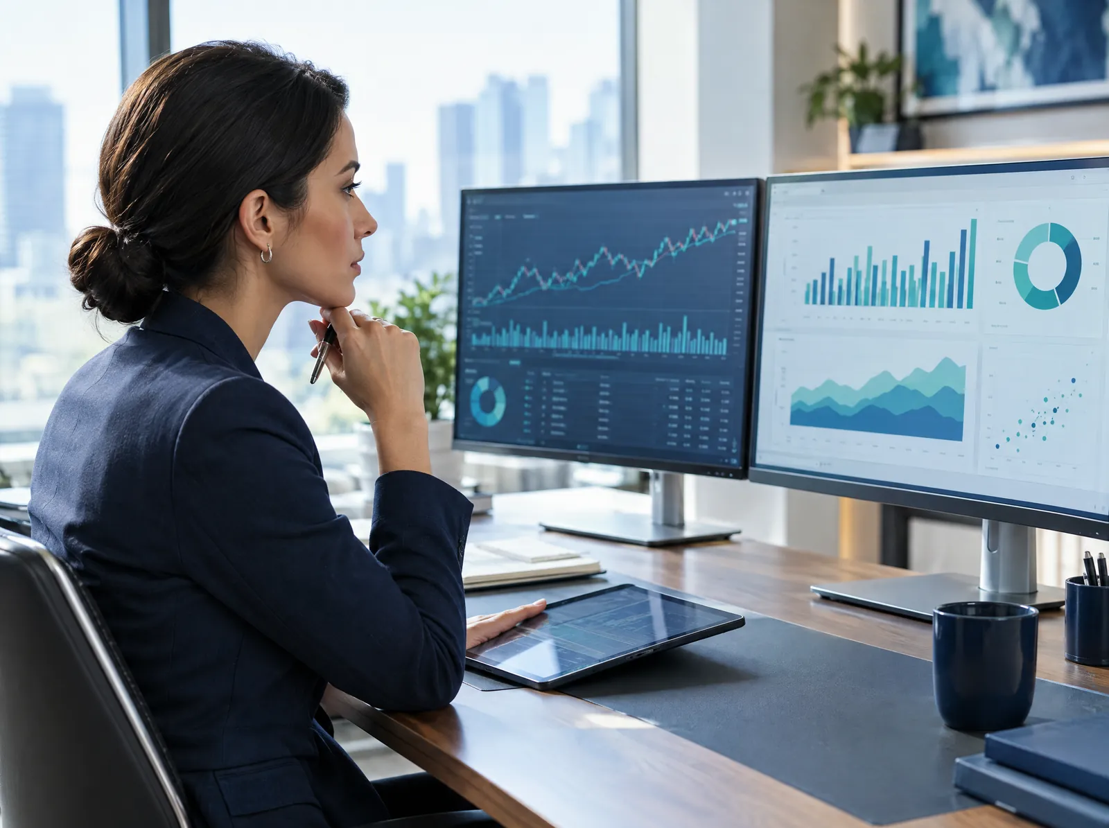 Financial services operations professional reviewing charts on two monitors