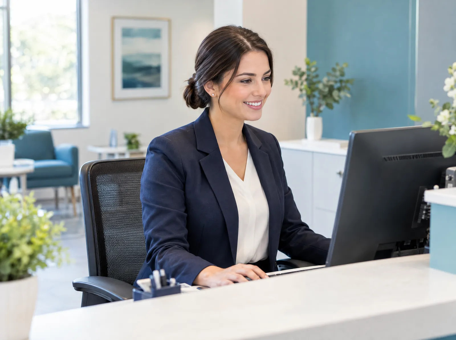 Healthcare practice administrator managing appointment scheduling at a clinic front desk