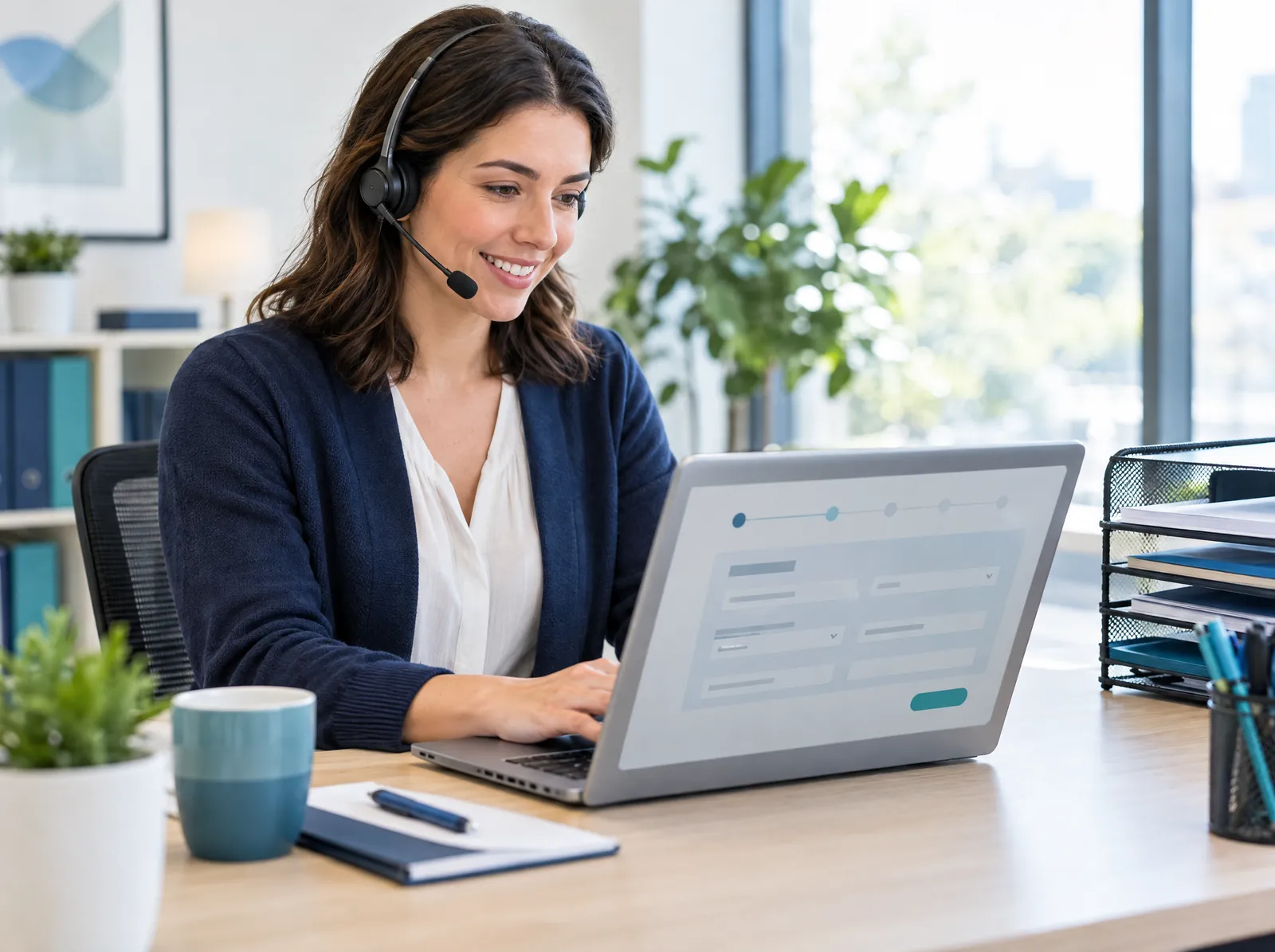 Insurance agency assistant processing a policy renewal on a laptop