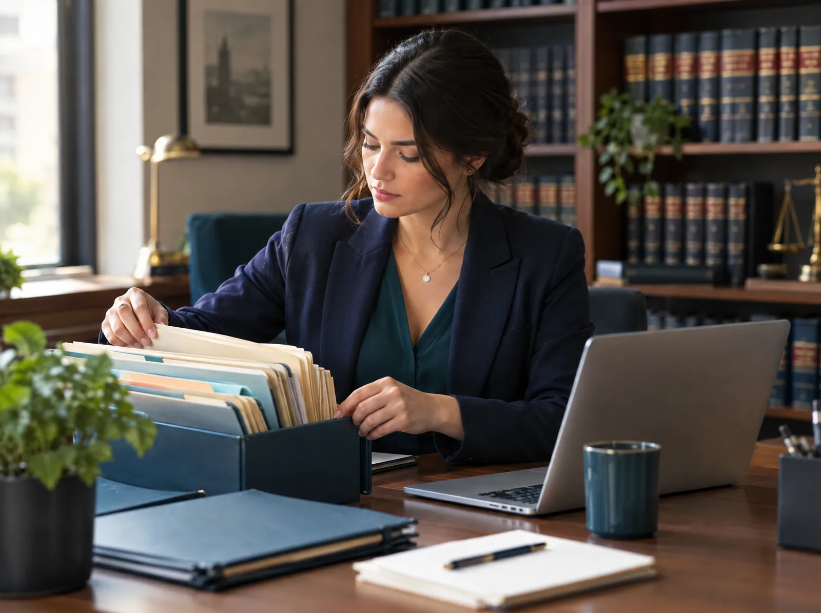 Legal assistant organising case documents beside a laptop in a law office