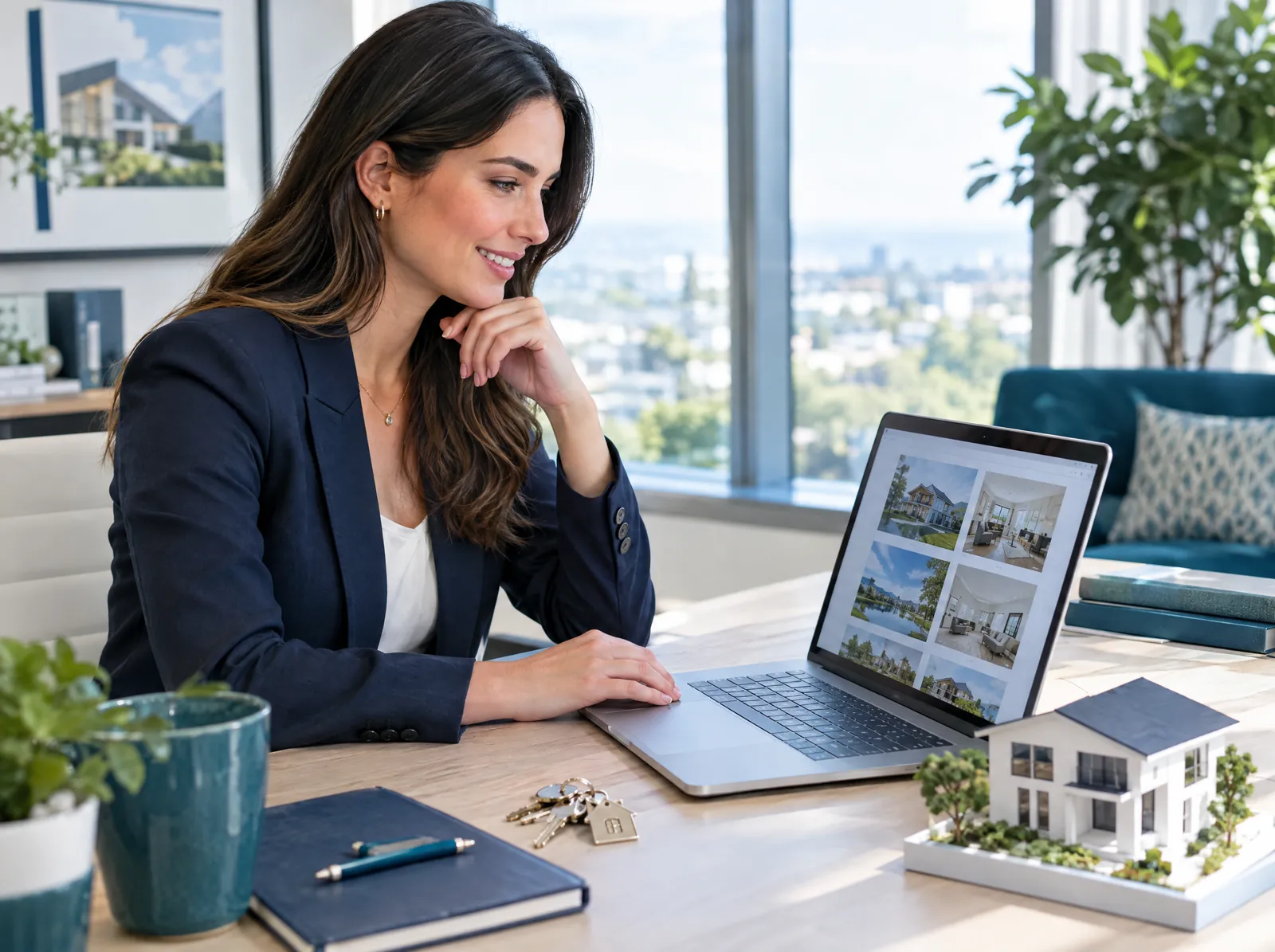 Real estate agent reviewing property listings on a laptop with house keys on the desk