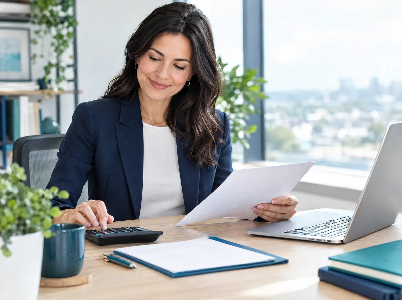 Business owner reviewing a clear one-page agreement with a calculator and laptop