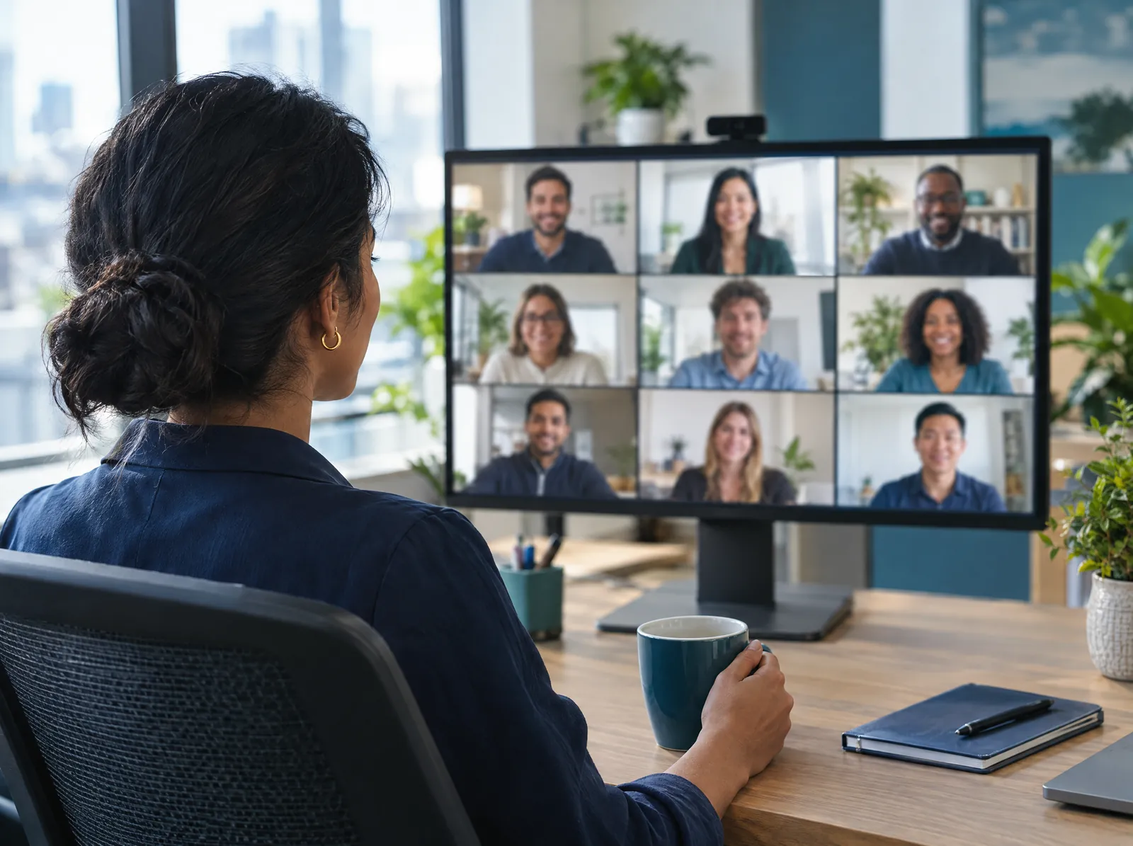 Team lead on a video call with a distributed remote team
