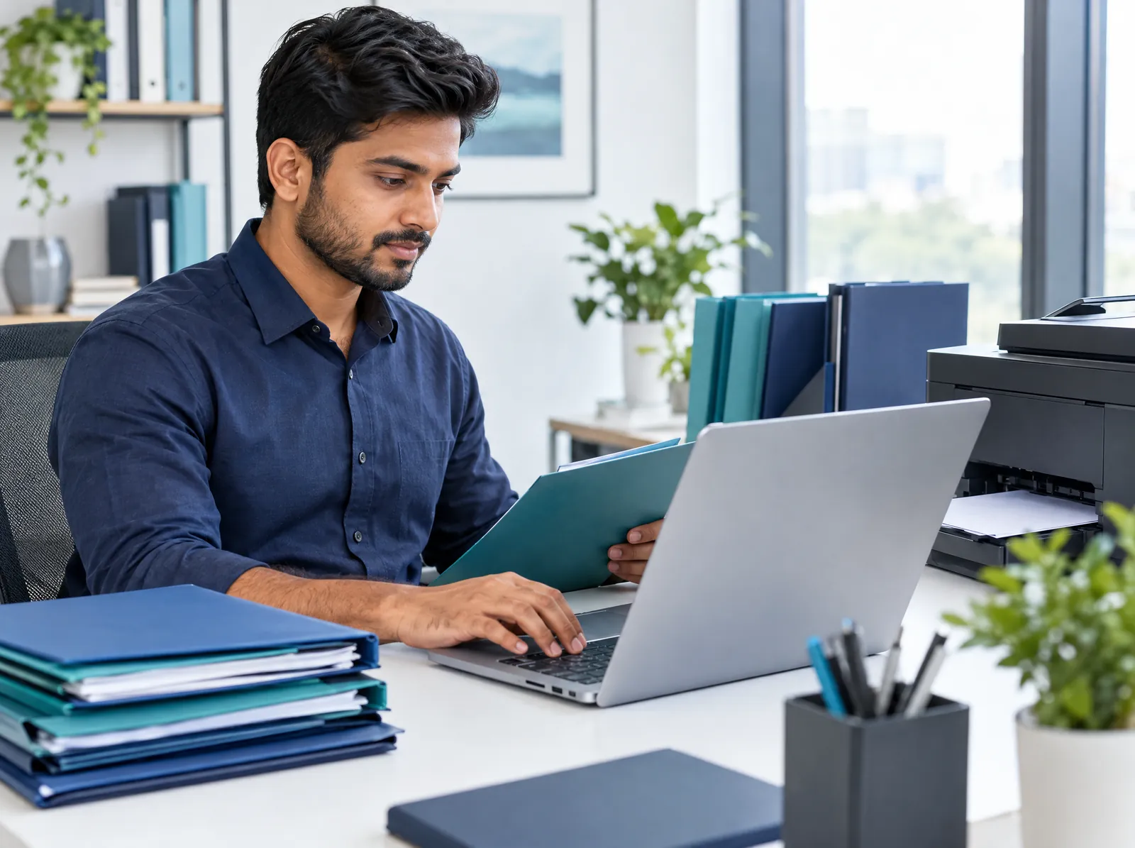 Remote administrative assistant organising digital documents on a laptop in a bright office
