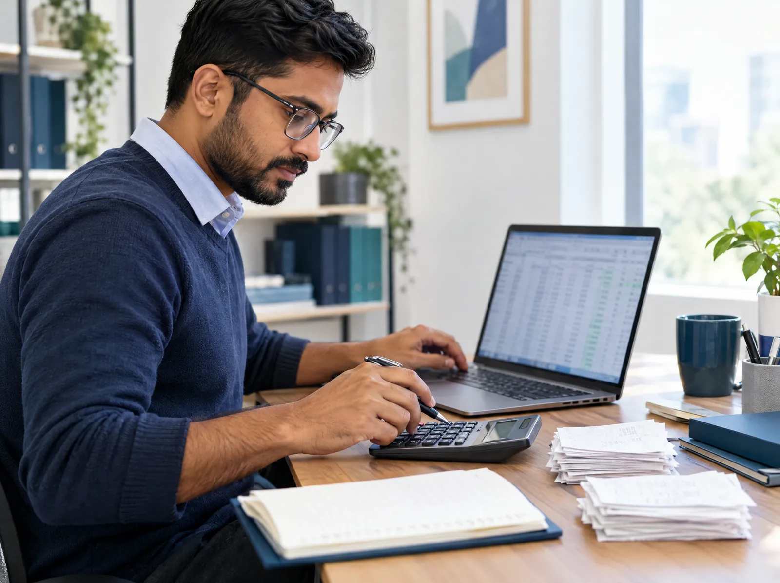 Remote bookkeeper reconciling accounts on a laptop with a calculator and receipts