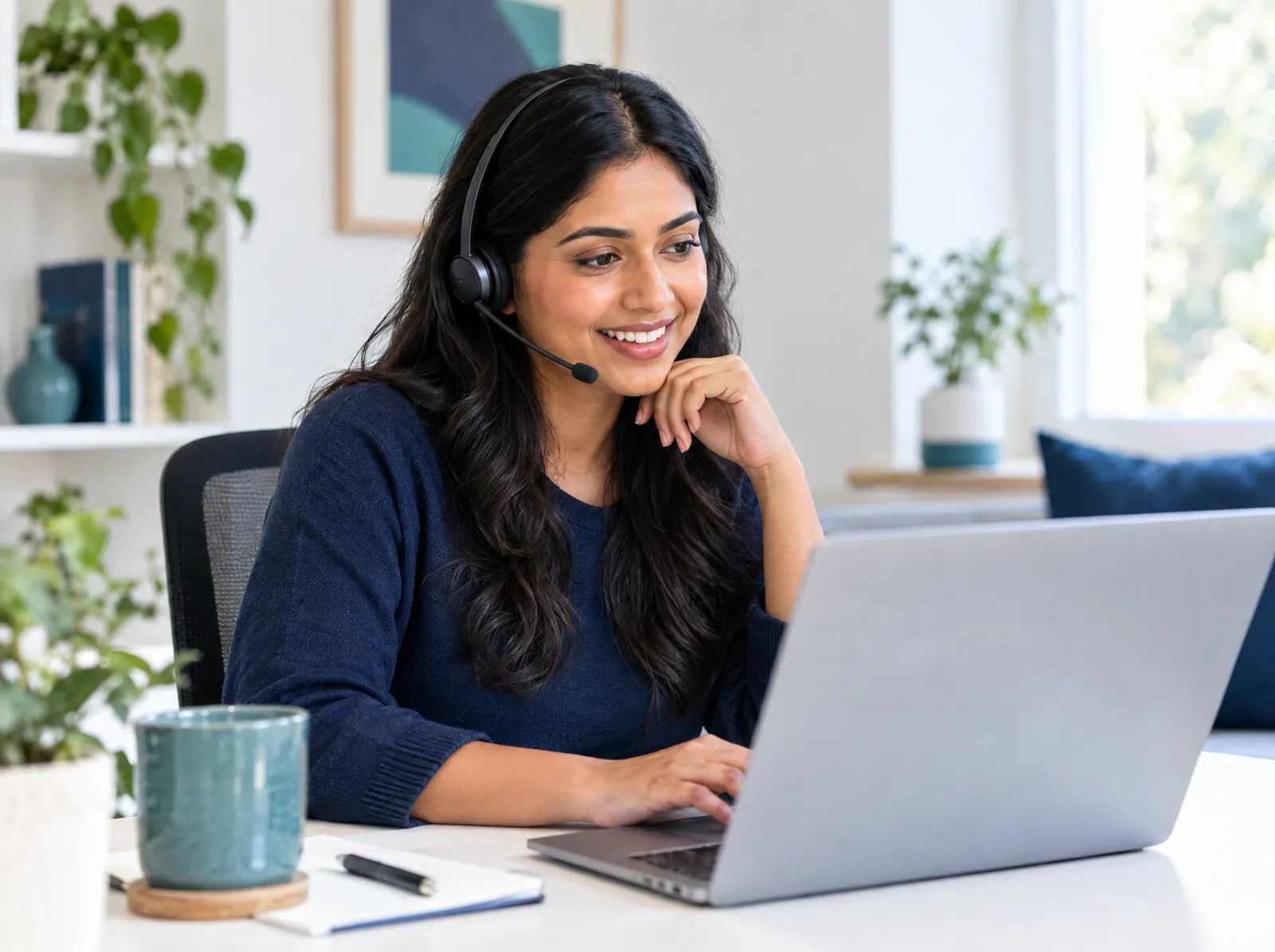 Customer support agent with a headset helping a customer on a laptop