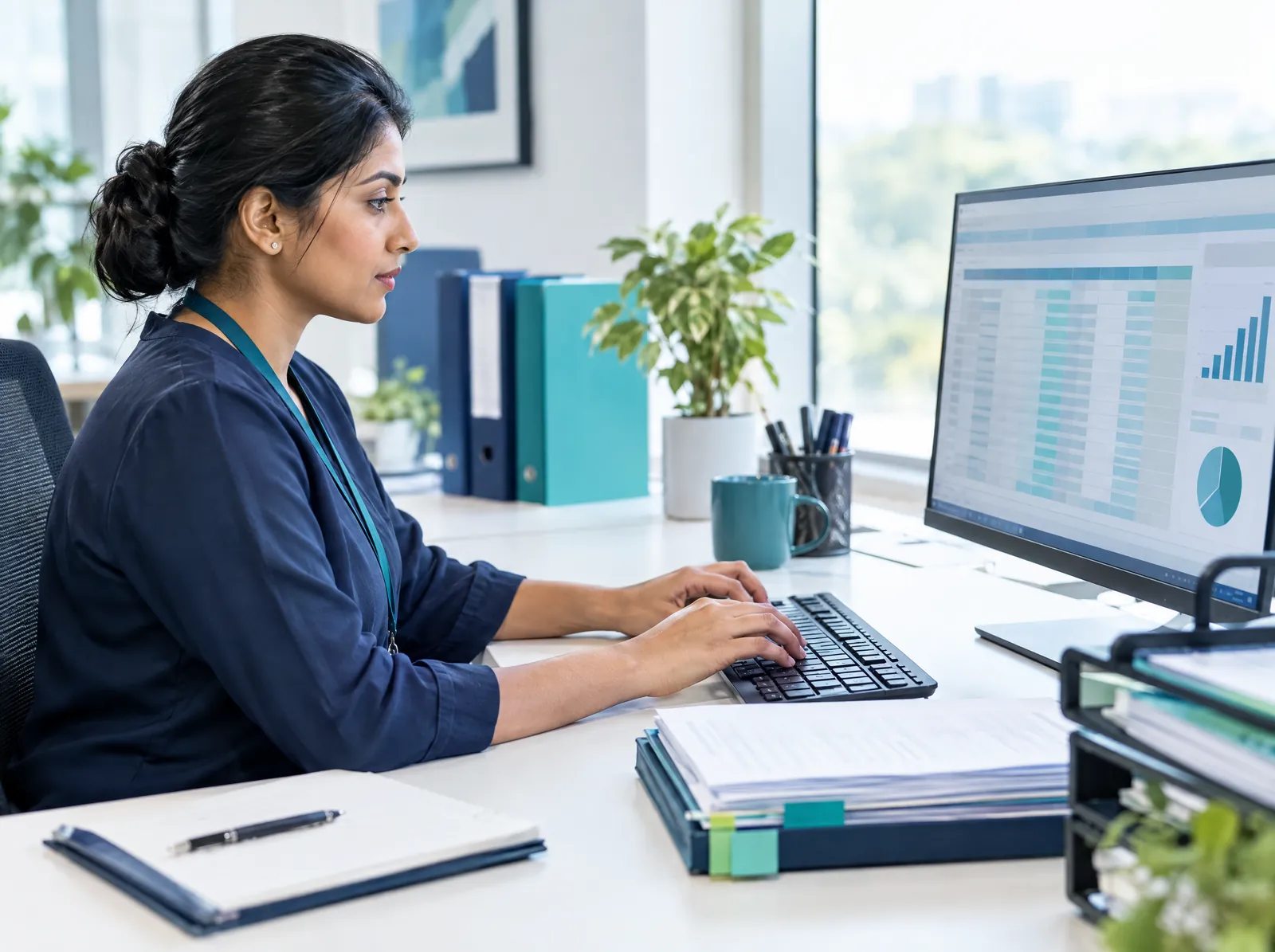 Data entry specialist typing into a spreadsheet on a widescreen monitor