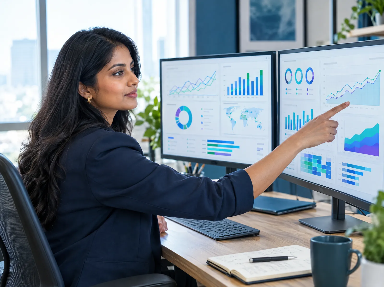 Performance marketing specialist reviewing ad performance dashboards on two monitors
