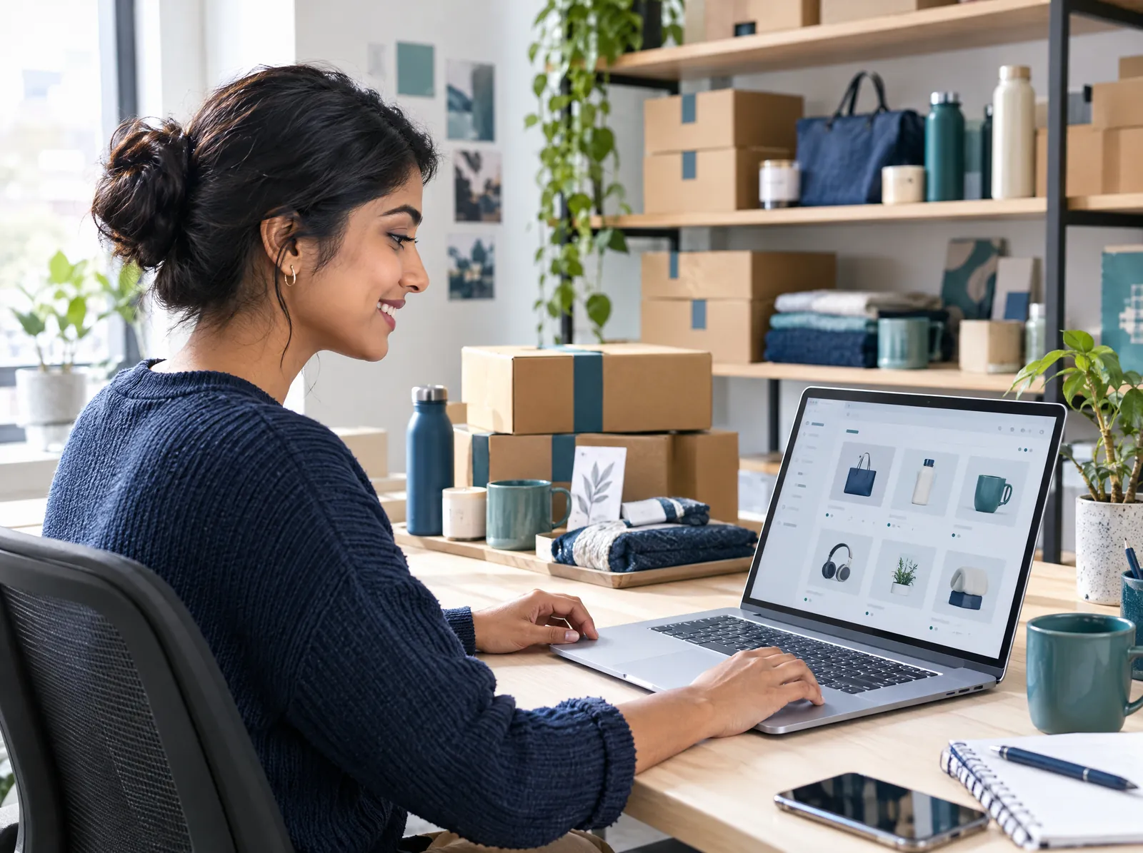 Ecommerce assistant managing online store orders with packed shipping boxes behind