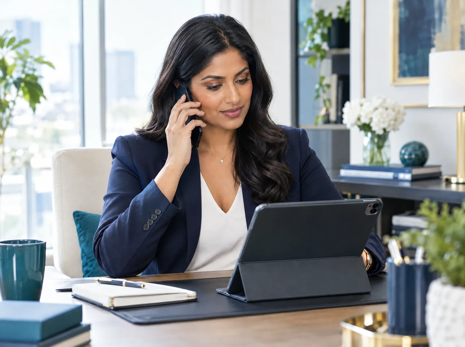 Executive assistant on a phone call reviewing a schedule on a tablet