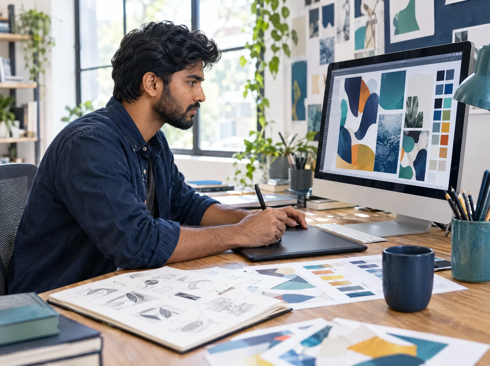 Graphic designer working with a stylus and drawing tablet beside a large monitor