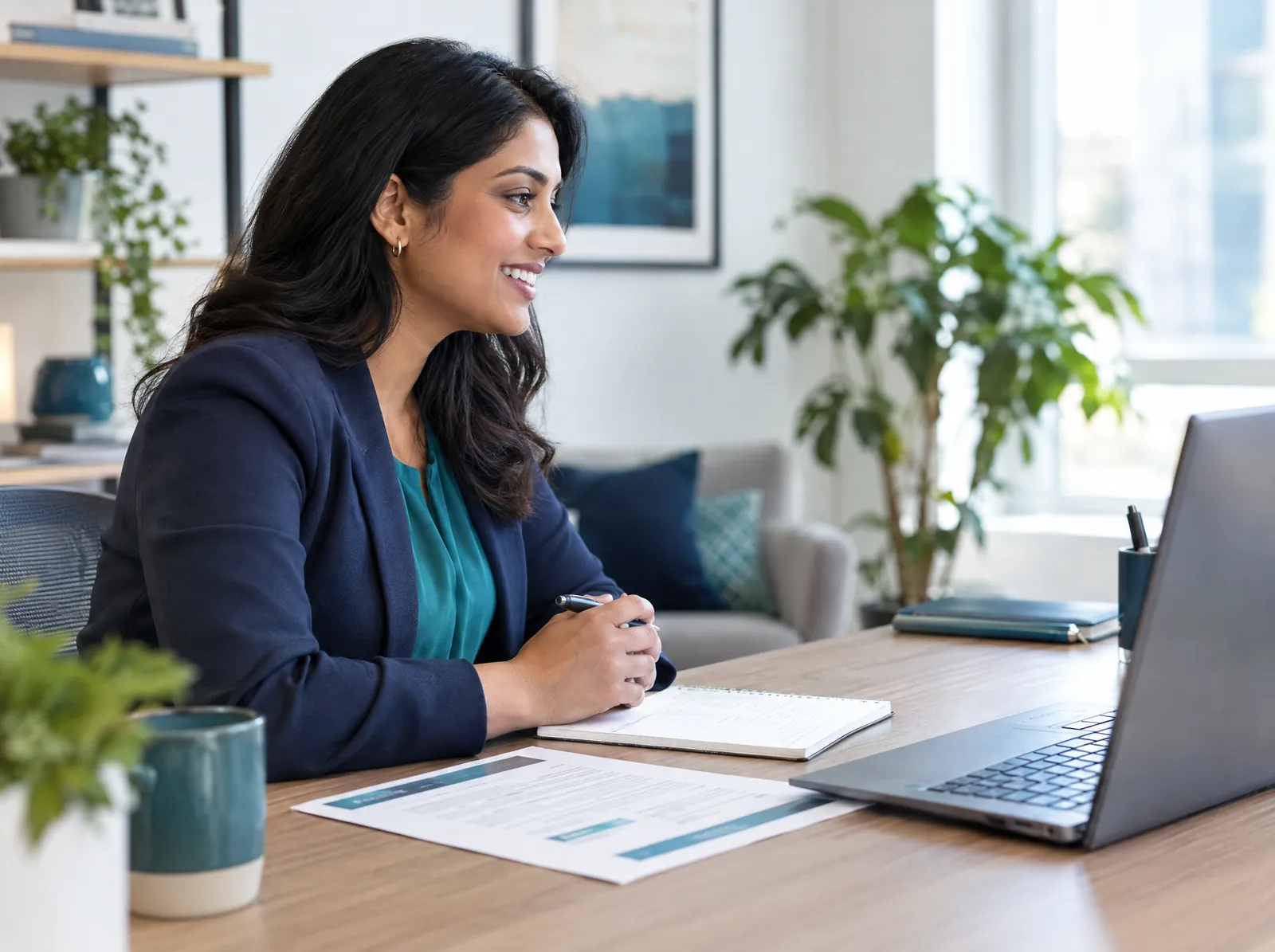 Recruiting coordinator conducting a video interview with a role brief and notepad
