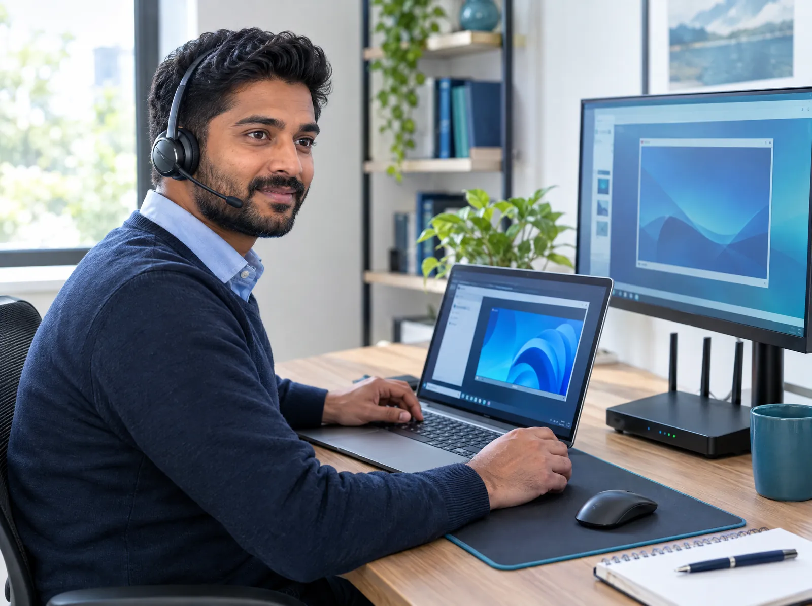 IT support specialist with a headset providing remote technical support