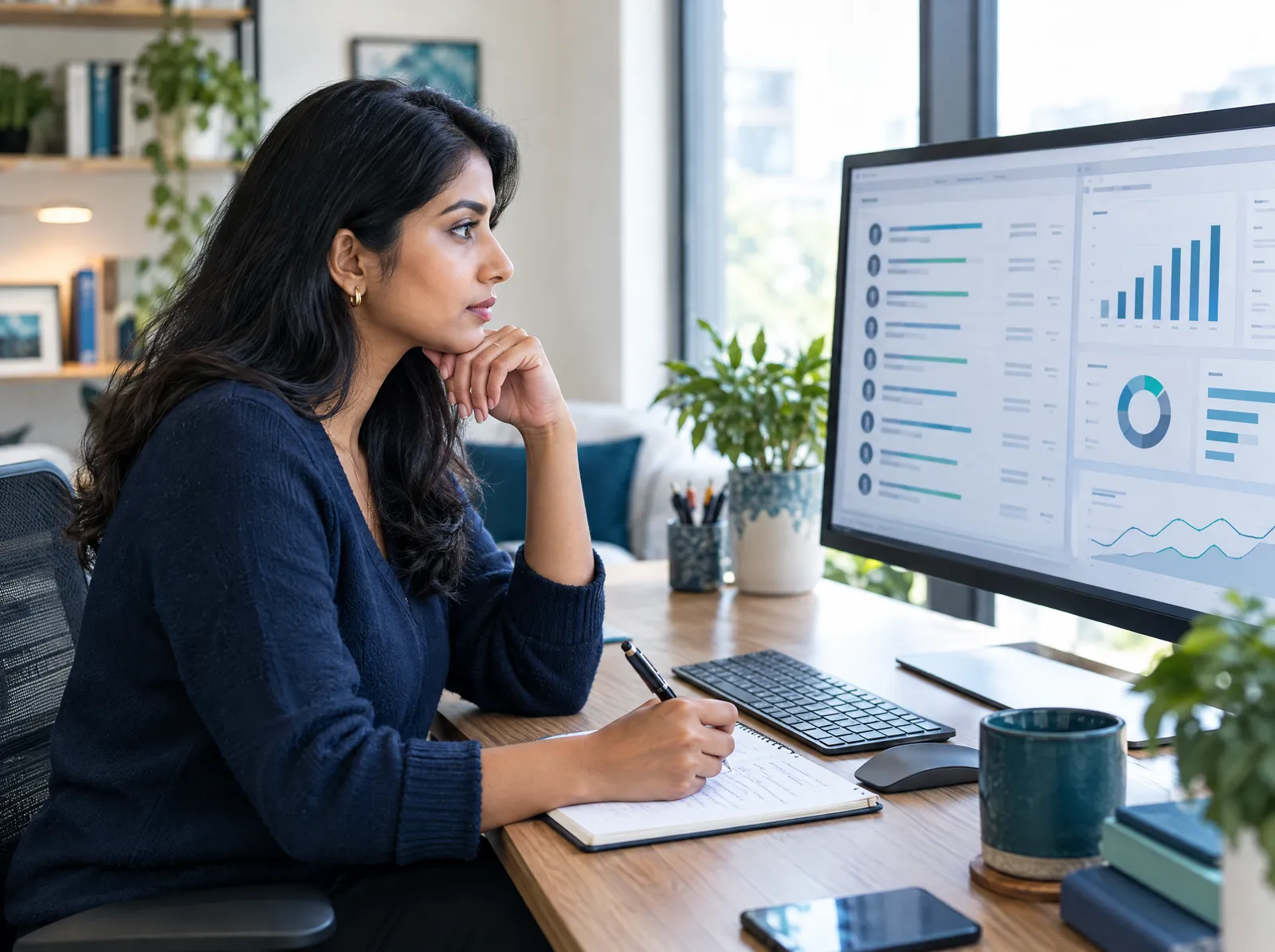 Lead generation specialist researching prospects on a large monitor and taking notes