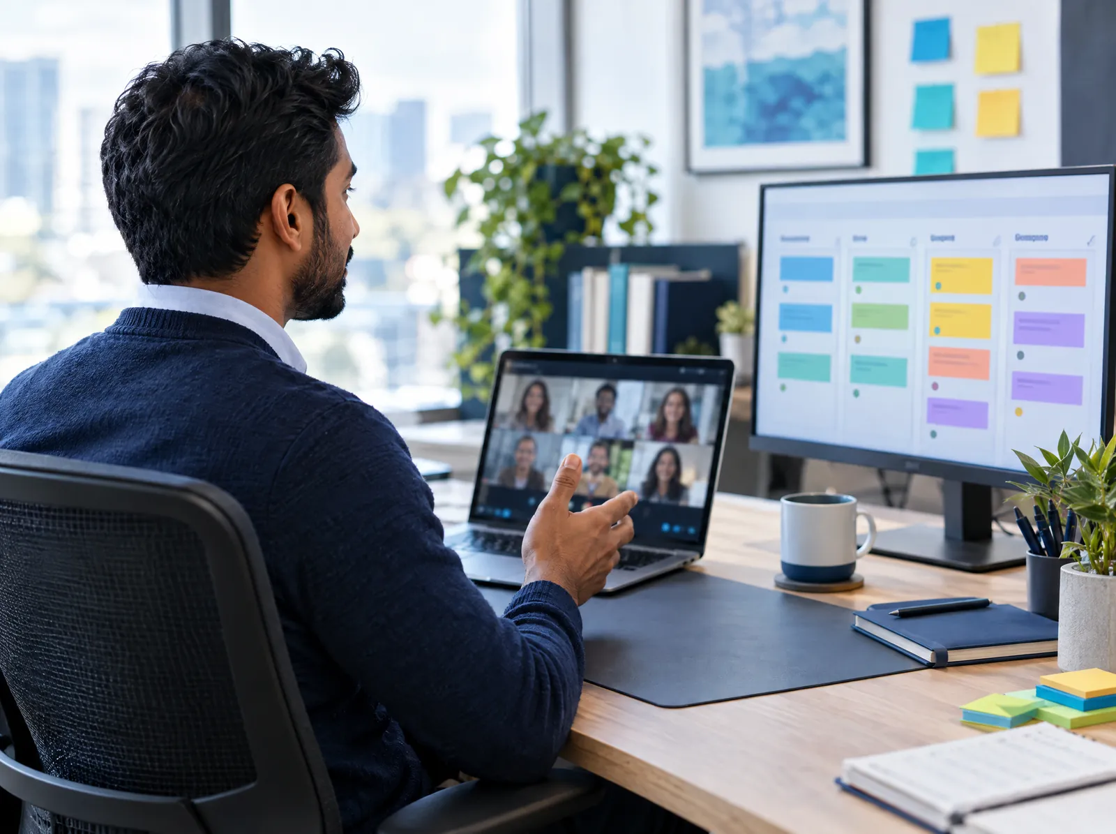 Project manager leading a video stand-up with a kanban board on a second monitor