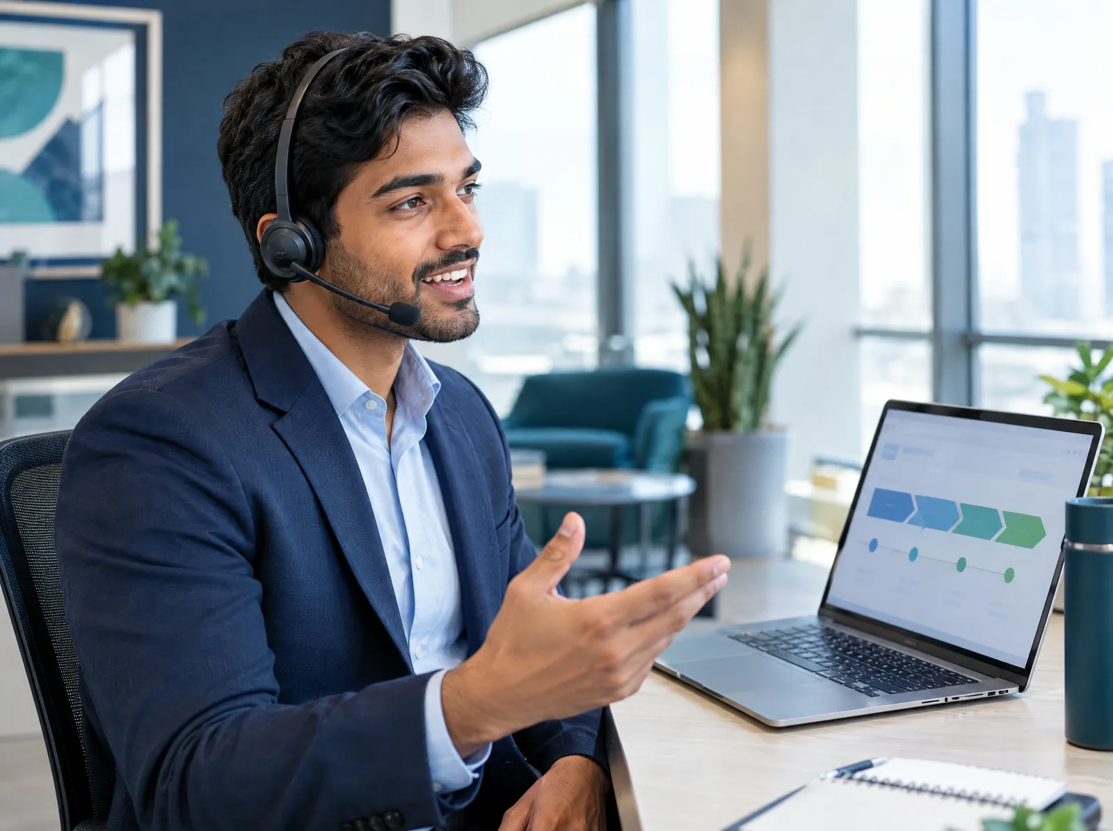 Sales development representative with a headset making an outbound call