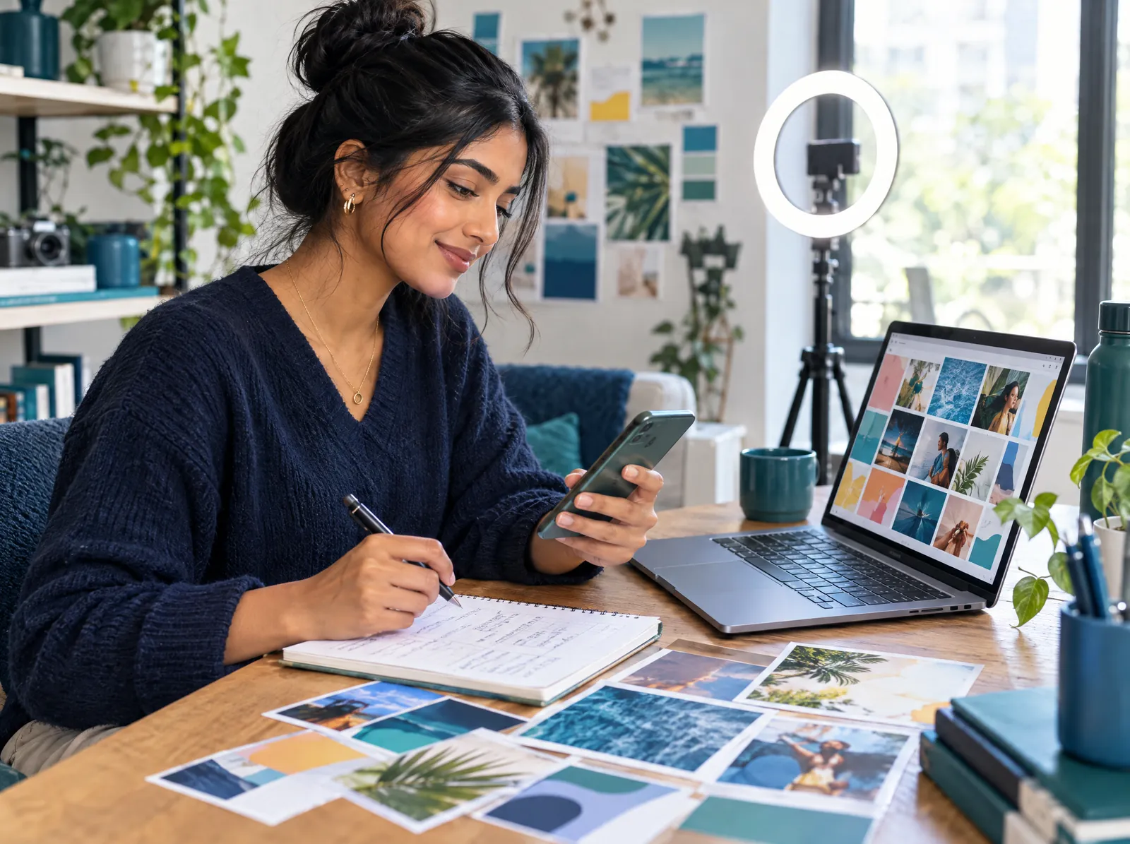 Social media manager planning content on a smartphone and laptop