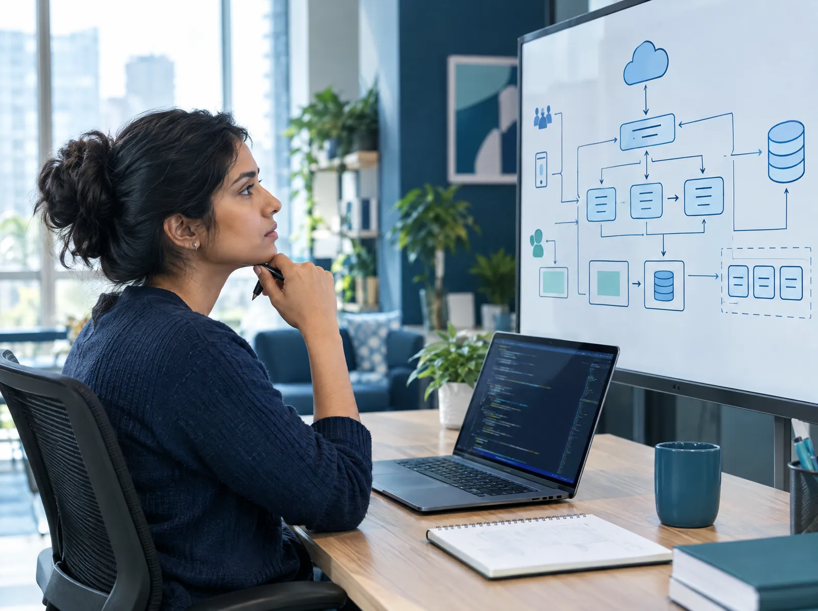 Software engineer reviewing a system architecture diagram on a monitor