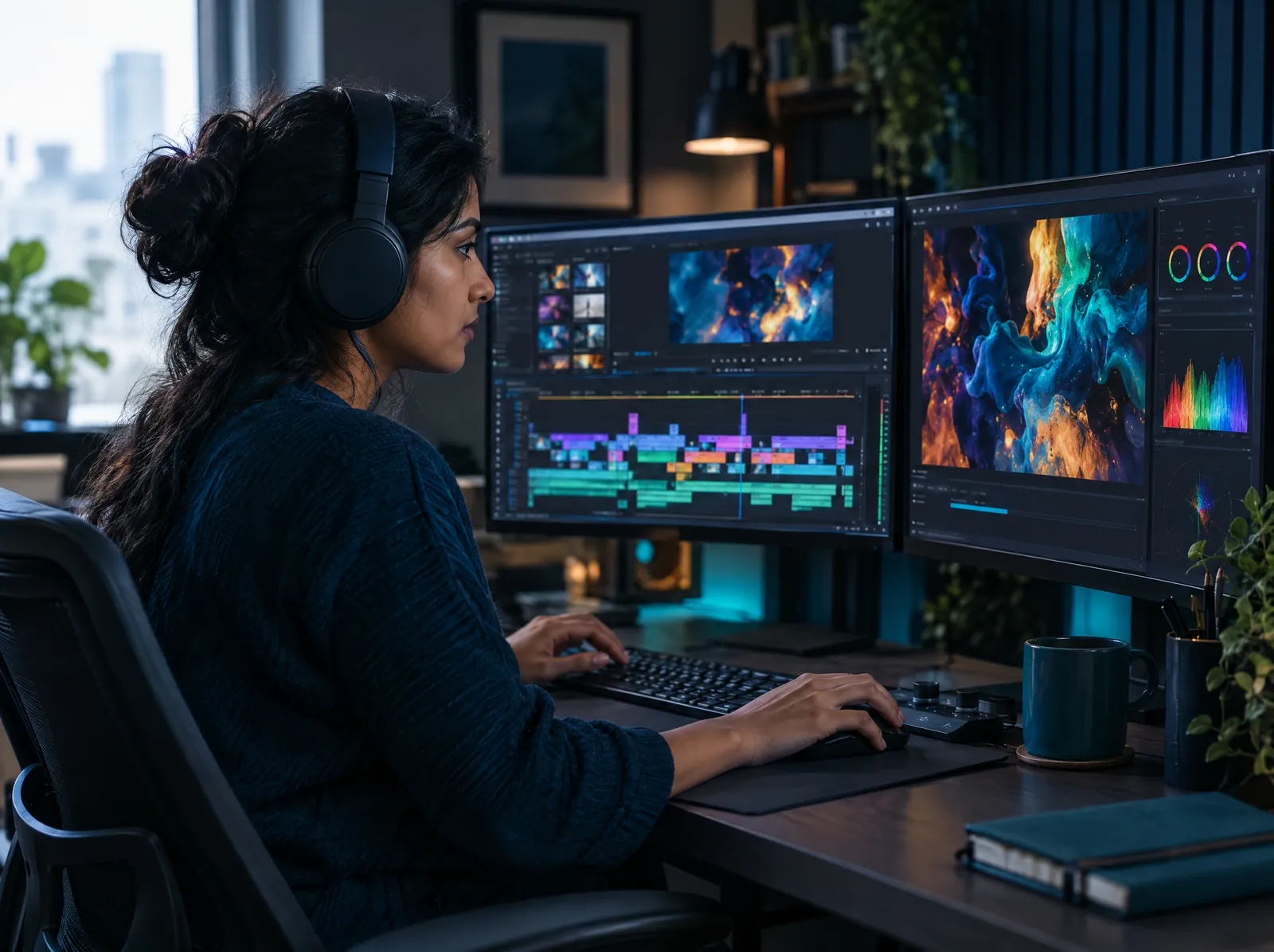 Remote video editor wearing headphones editing a timeline on a dual-monitor setup