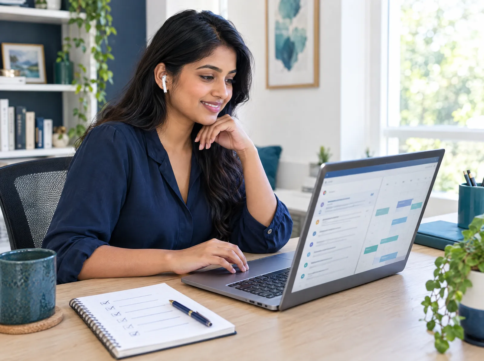 Remote virtual assistant managing an inbox and calendar on a laptop at a home-office desk