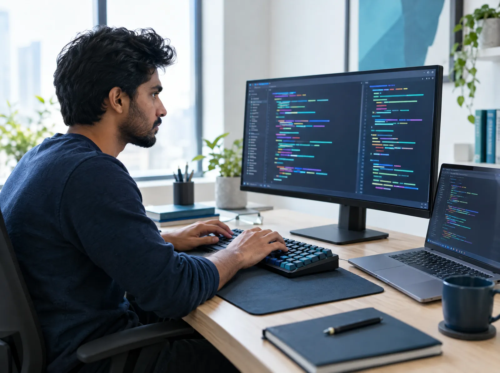 Web developer writing code on a widescreen monitor in a minimal workspace