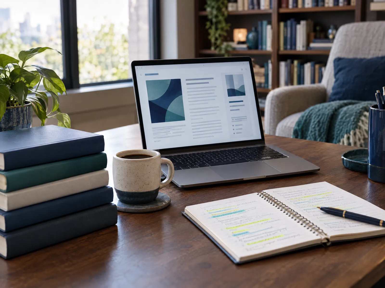 Reading nook workspace with business books, notes and a laptop