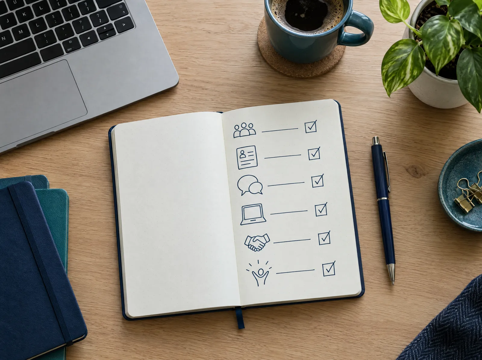 Desk flat-lay with a notebook hiring checklist, pen, laptop and coffee