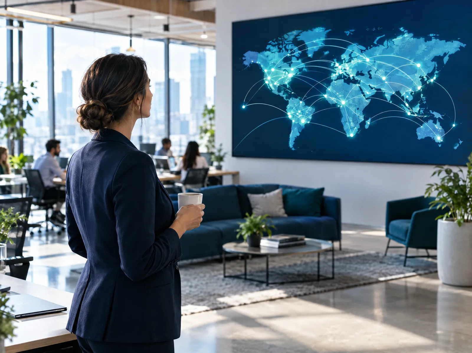 Business leader looking at a world map screen showing international connections