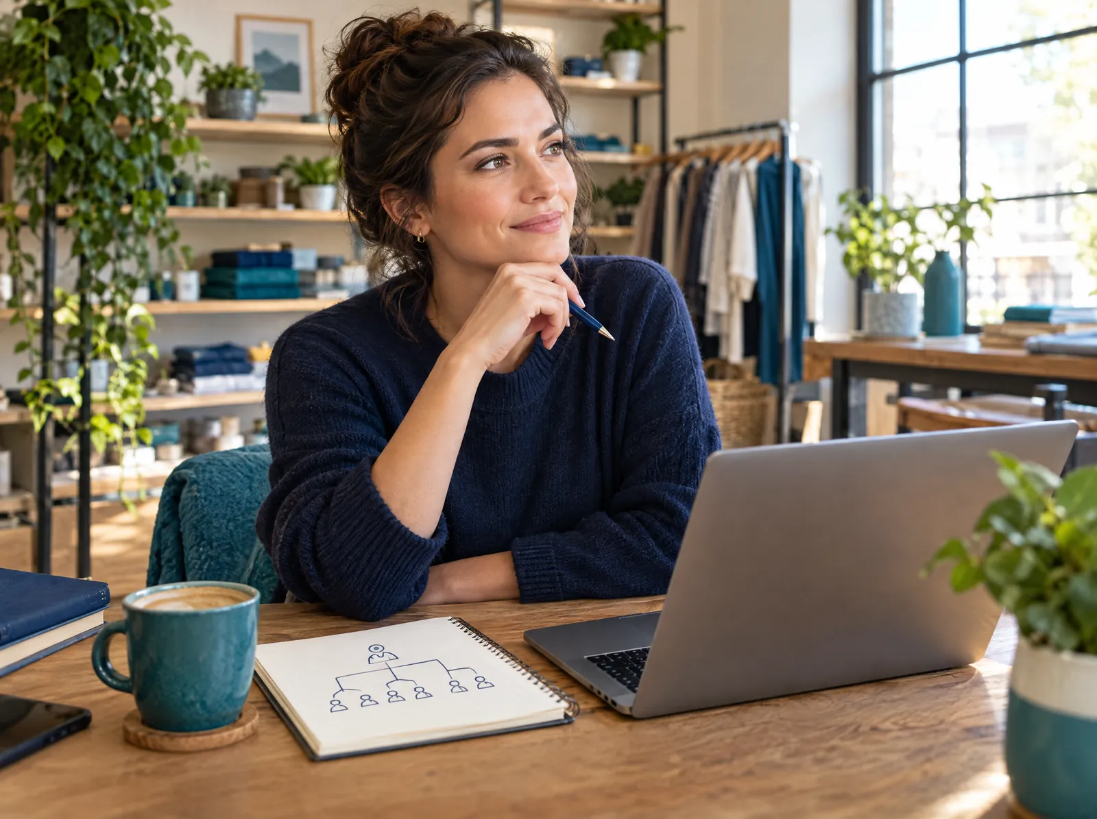 Small business owner planning their team on a laptop with a sketched org chart