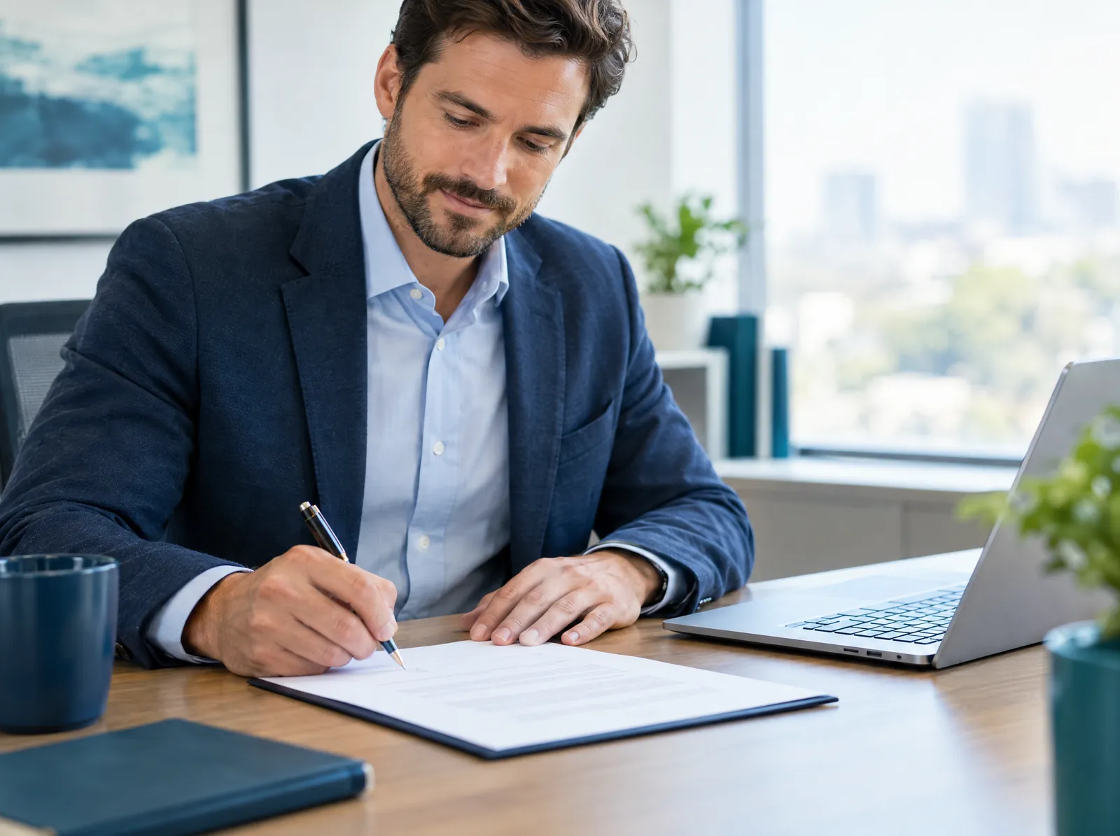 Manager signing an offer document at a desk beside a laptop
