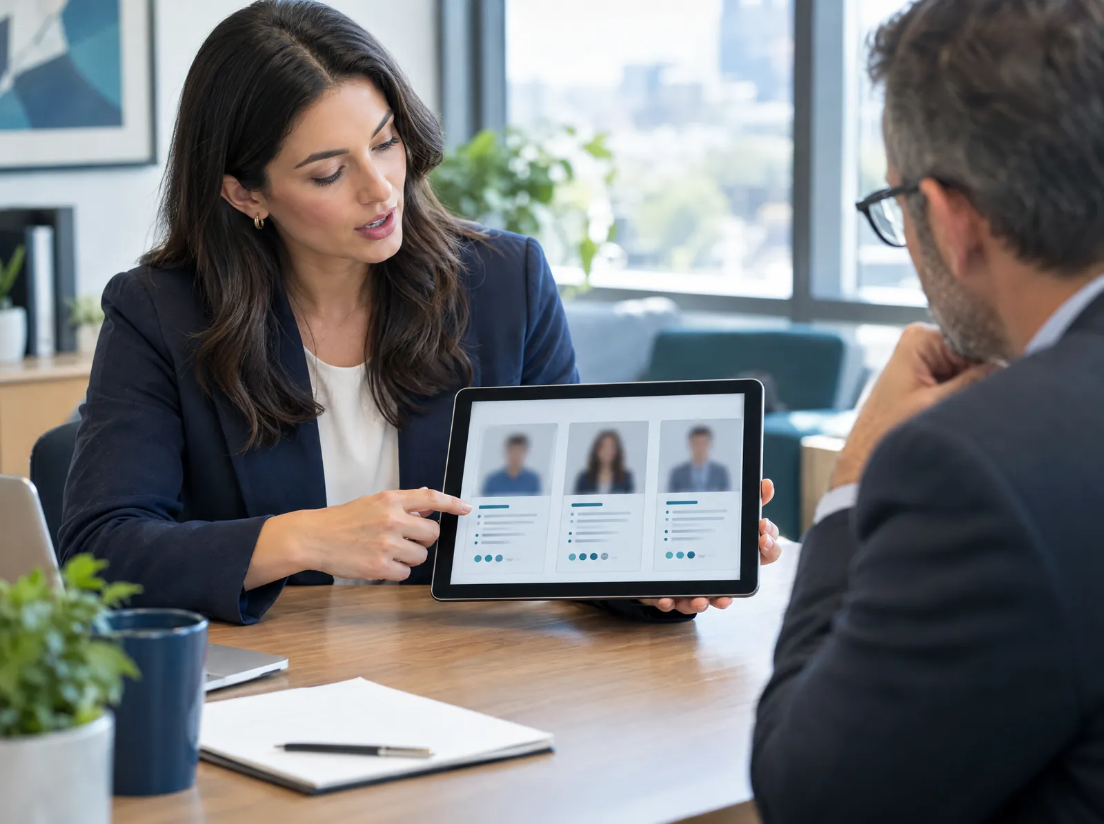 Recruiter presenting a candidate shortlist on a tablet to a hiring manager