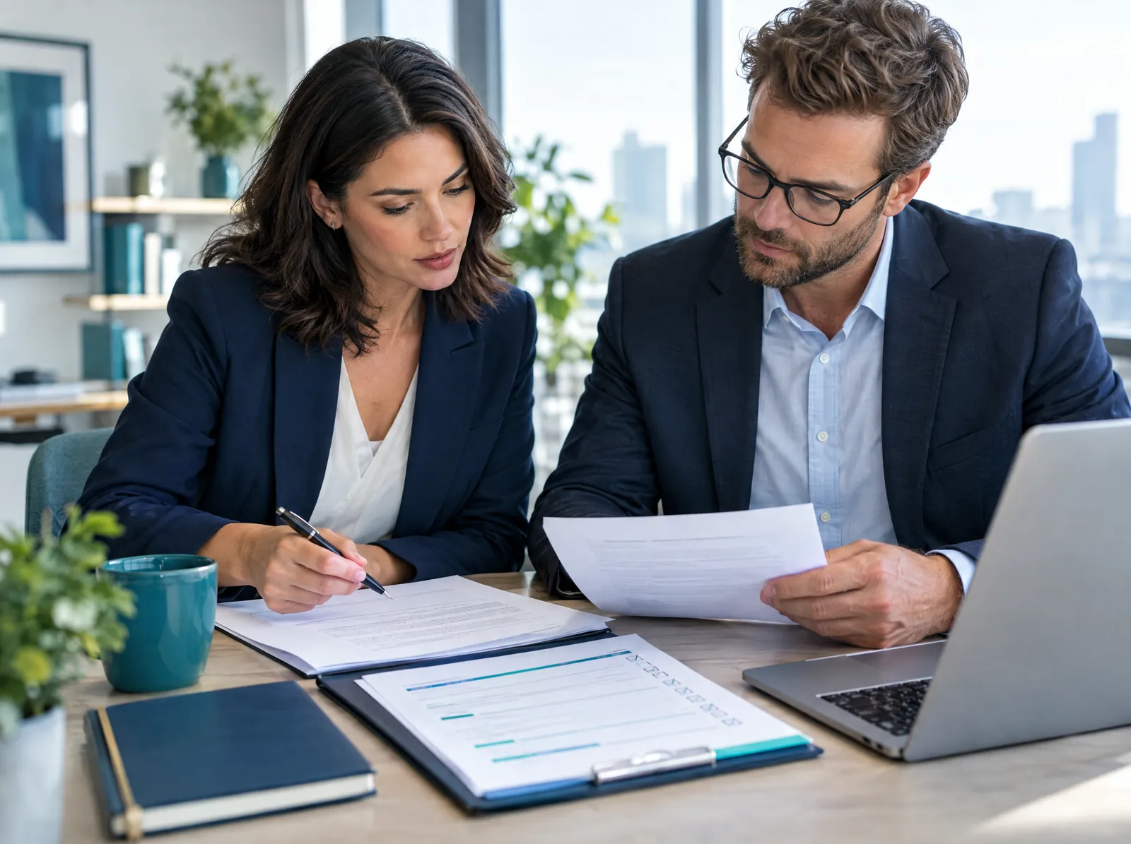 HR and finance lead reviewing an employment contract and checklist beside a laptop