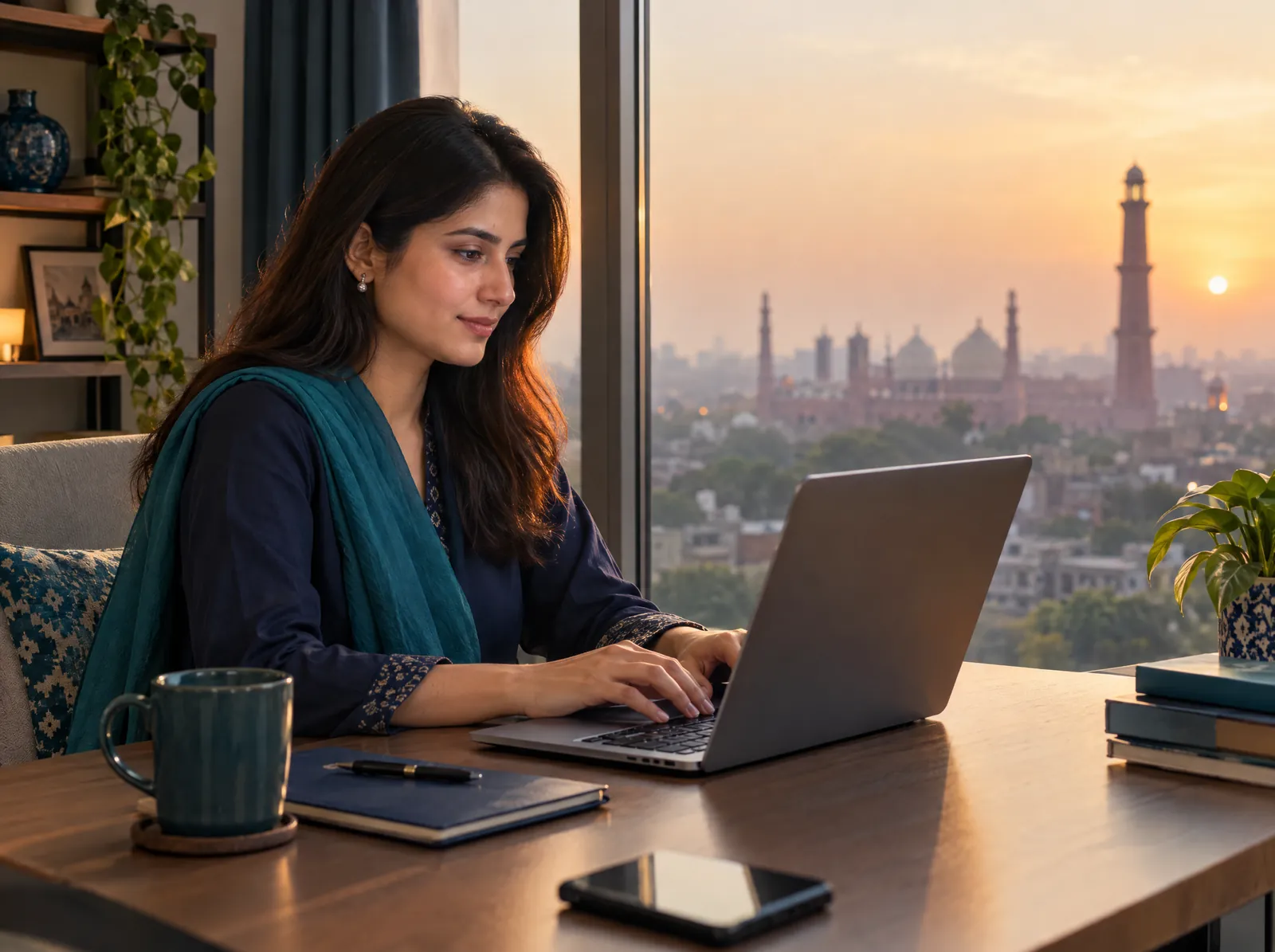 Remote professional working at a laptop by a window with the Lahore skyline at golden hour