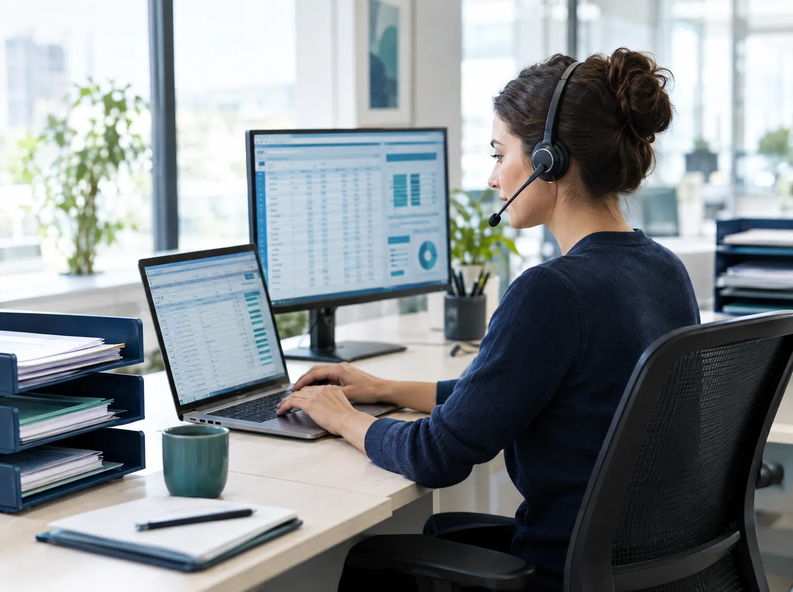 Back-office operations specialist processing invoices and records on two screens