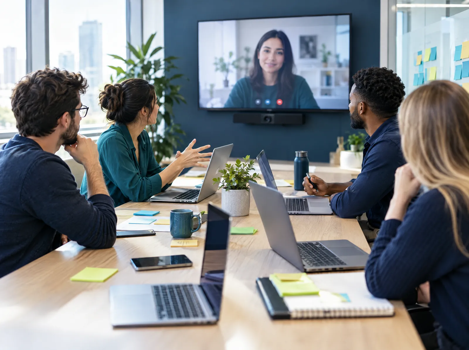 In-house team planning with a remote specialist joining on a meeting-room screen