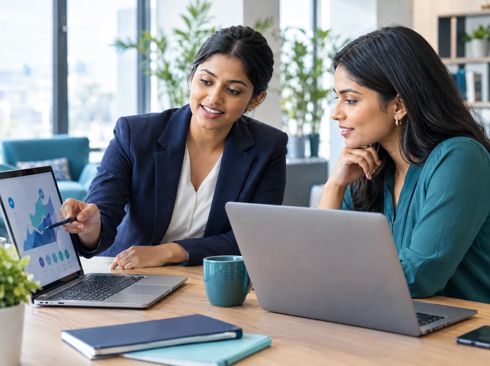 Recruiter and digital marketing specialist discussing campaign work over laptops
