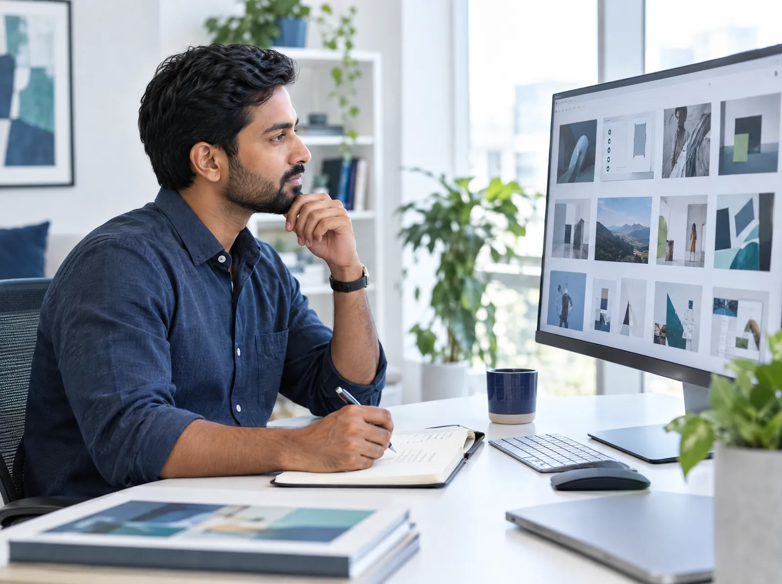 Recruiter reviewing a candidate's design work samples on a large monitor and taking notes