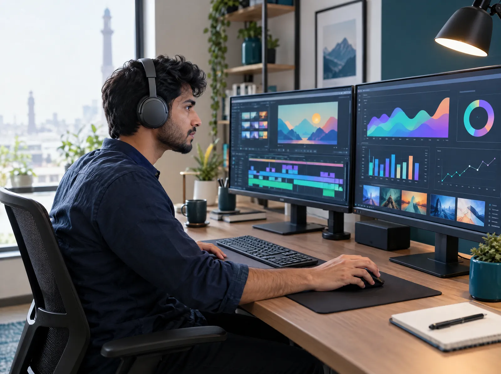 Remote digital marketing and video professional working at a dual-monitor workstation with headphones