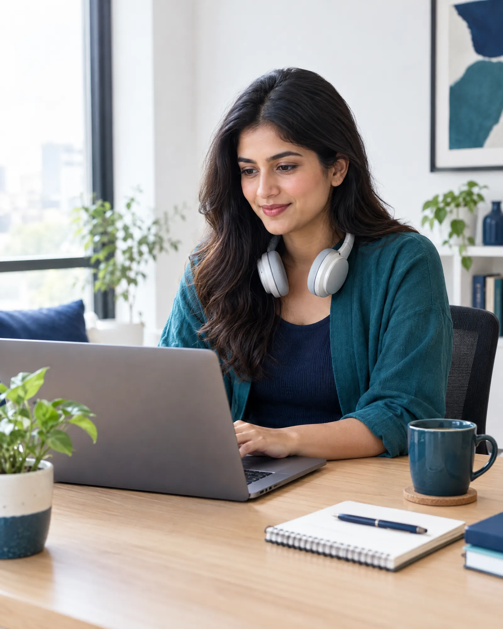 Remote marketing professional working on a laptop at a bright home-office desk