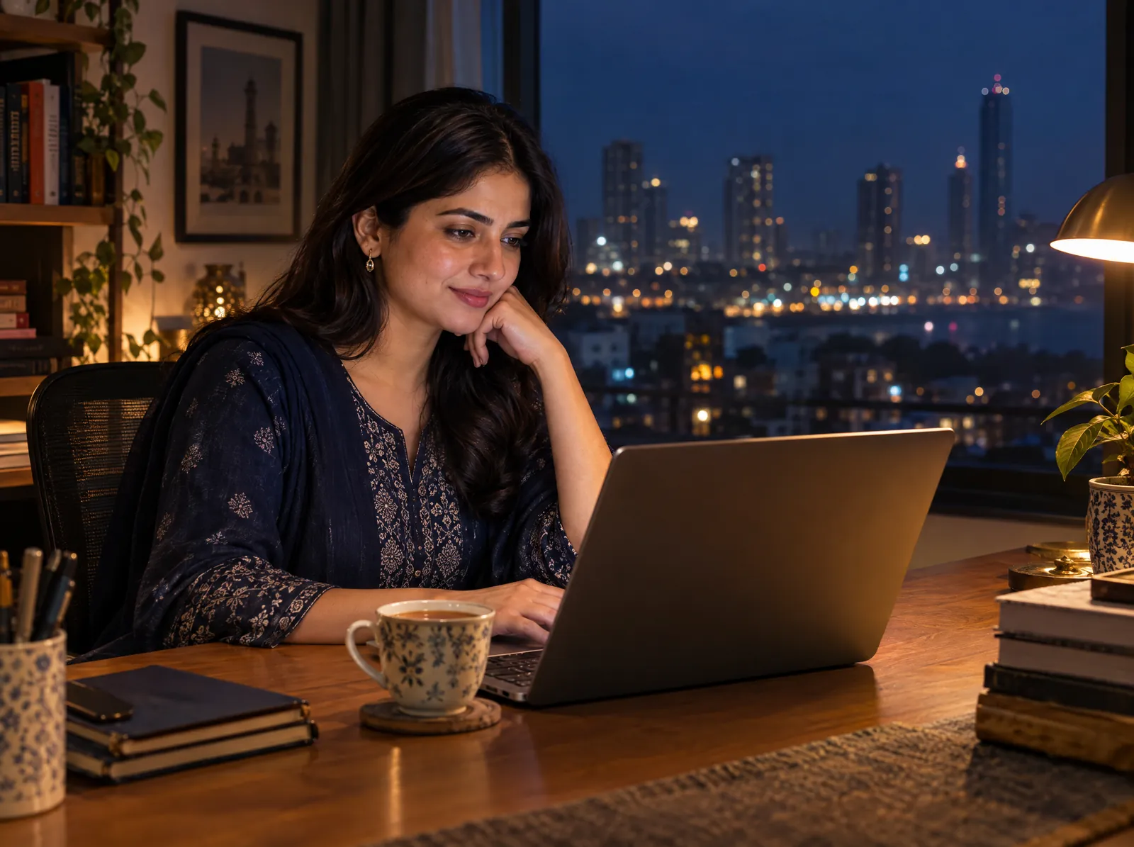 Professional working on a laptop in the evening with city lights behind her, covering overlap hours